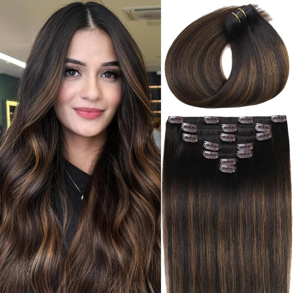 Clip in Hair Extensions Human Hair Balayage Dark Brown to Chestnut 14 Inch